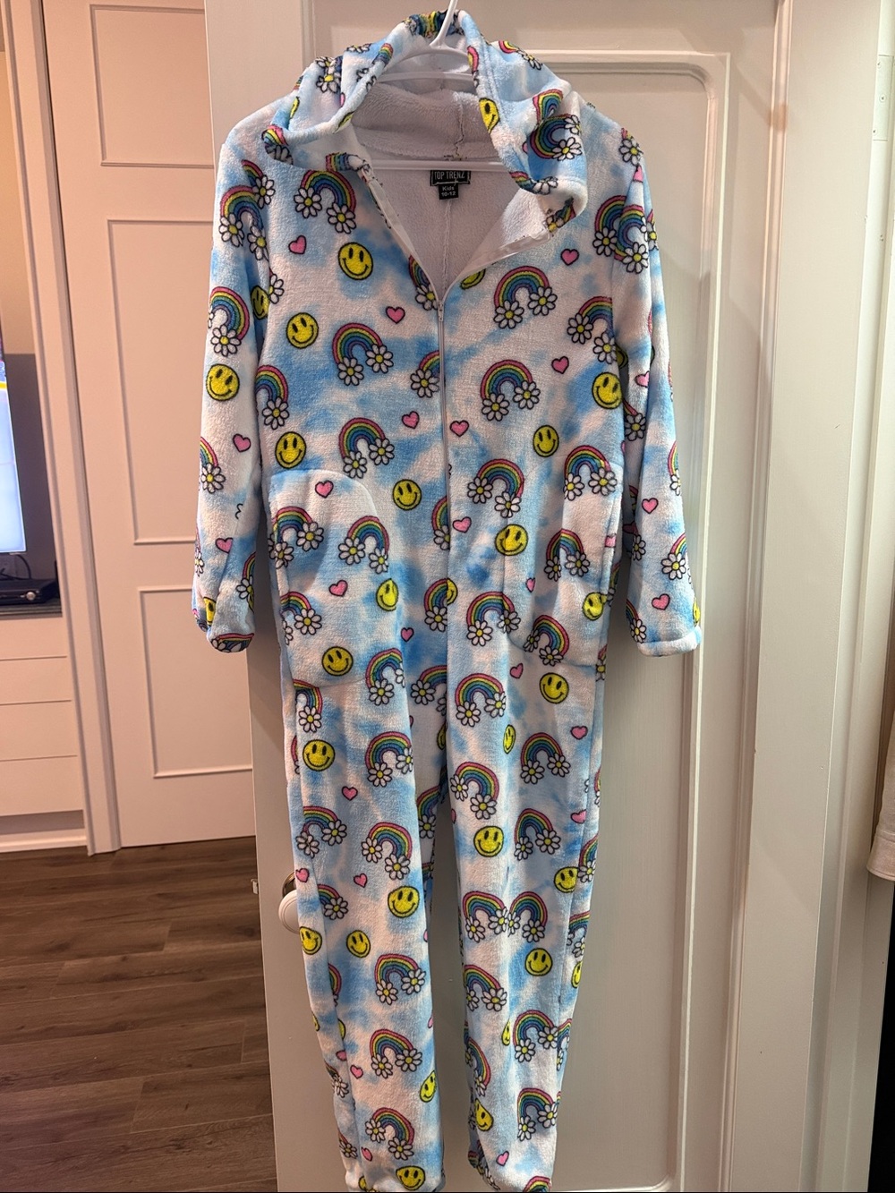 Kids Blue Rainbow & Smiley Fleece One-Piece Pajamas